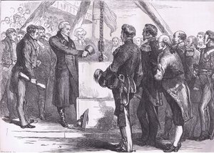Lafayette legt den Grundstein des Bunker Hill Denkmals, Illustration aus Cassells Geschichte der Vereinigten Staaten