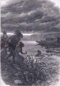 Händler am Ohio von Wilden angegriffen, Illustration aus Cassells Geschichte der Vereinigten Staaten, veröffentlicht von Cassell, Petter & Galpin, um 1900 (Lithographie)