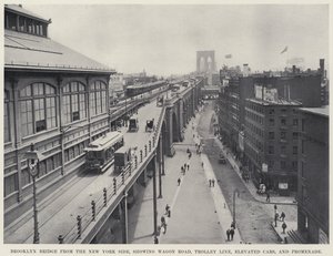 Brooklyn Bridge von der New Yorker Seite, zeigt Wagenstraße, Straßenbahnlinie, Hochbahnwagen und Promenade von American Photographer