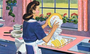 Hausfrau der 1940er Jahre spült Geschirr in ihrer Traumküche von American School