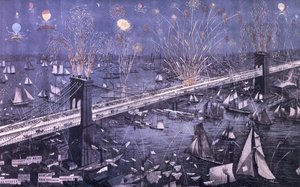 Eine Vogelperspektive der großen New Yorker und Brooklyn Bridge und großes Feuerwerk zur Eröffnungsnacht, 1883, veröffentlicht von A. Major