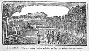 Ein Sachem der Abenakee-Nation rettet einen englischen Offizier, Illustration aus Bickerstaffs Boston Almanack, veröffentlicht 1768