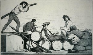 Ein Flachboot, das Fracht auf dem Mississippi River transportiert, um 1840 von American School