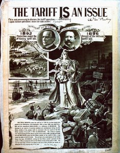 Ein politisches Plakat, das McKinleys Steuergesetz über Wilsons befürwortet