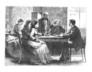 Eine Frau verhandelt mit einem Fabrikmanager, unterstützt von einem Berater aus Susan B. Anthonys neuer Working Womens Protective Association, 1860er-70er Jahre