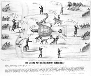 Abe Lincoln mit seinem bedeutend benannten Kabinett, veröffentlicht von M.E. Godwin, 1864 von American School
