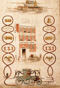 Werbung für Abraham Vanness, Feuerwehrgerätebauer und Hersteller von Feuerlöschgeräten, veröffentlicht von Geo. G. Gratacap, New York, ca. 1850