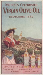 Werbung für Mottets Celebrated Virgin Olive Oil, ca. 1900