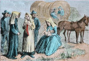 Amerikanischer Planwagenzug, ca. 1860 (farbige Gravur)