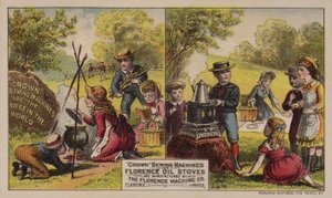 Amerikanische Werbekarte für Nähmaschinen und Öfen der Florence Machine Company, Massachusetts, ca. 1880er Jahre