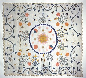 Applikationsquilt mit Sonne, Mond, Sternen und dem Garten Eden, aus Arkansas, ca. 1850-80 (Baumwolle) von American School