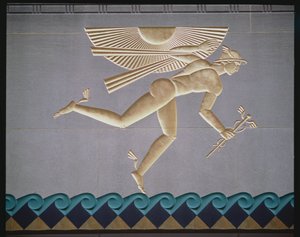Basrelief, das Merkur darstellt, von der Außenseite eines der 14 Gebäude, gebaut 1931-40 von American School