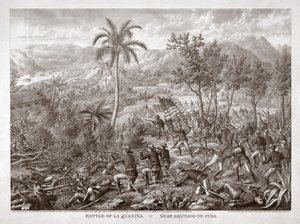 Schlacht von La Quasina, in der Nähe von Santiago de Cuba, veröffentlicht 1898 von American School