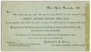 Bennett & Hall Handelskarte, verso, 1882