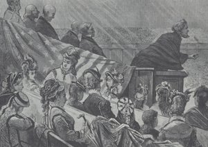 Brigham Young beobachtet von seinen vielen jungen Frauen beim Predigen im Großen Mormonentempel, Utah
