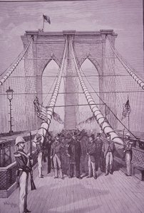Brooklyn Bridge, Präsident Arthur bei der Eröffnungszeremonie, 24. Mai 1883 (Stich) von American School