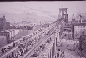 Brooklyn Bridge kurz nach der Eröffnungszeremonie, veröffentlicht am 26. Mai 1883 (Gravur) von American School