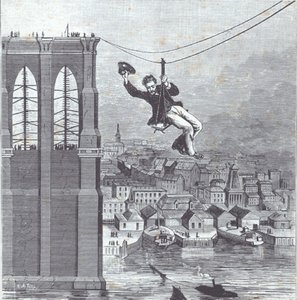 Brooklyn Bridge im Bau; Herr Farrington, Chefkonstrukteur, überquert als Erster die Spannweite zwischen den beiden Pylonen am 25. August 1876 (Gravur) von American School