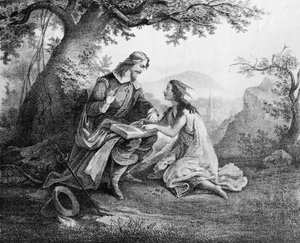 Captain John Smith (1580-1631) lehrt Pocahontas (ca.1595-1617) lesen