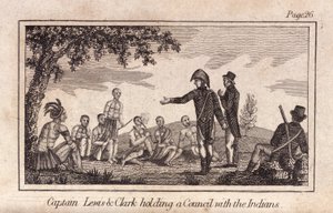 Kapitän Lewis & Clarke halten einen Rat mit den Indianern, veröffentlicht 1812