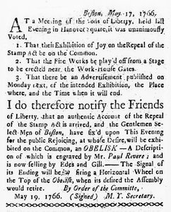Feier der Aufhebung des Stempelgesetzes, aus der Boston Gazette, 19. Mai 1766