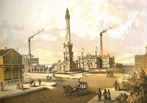 Chicago Wasserwerke, aus Chicago Illustrated, mit literarischen Beschreibungen von James W. Sheahan, veröffentlicht von Jevne & Almini, Chicago, 1866-67