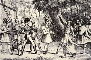 Häuptling Tecumseh (1768-1813) trotzt General Harrison (1773-1841) (Gravur)