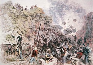 Chinesische Arbeiter helfen beim Bau der Central Pacific Railroad, abgeschlossen 1869 von American School