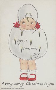 Weihnachtsgrußkarte mit einem Kind mit Weihnachtsfellmuff und Hut von American School