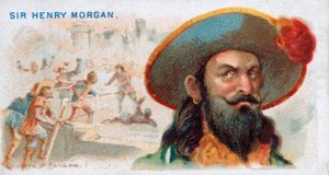 Zigarettenkarte Sir Henry Morgan, Eroberung von Panama, veröffentlicht 1888, Farblithographie von American School