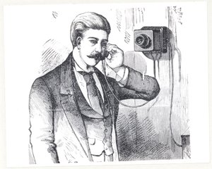 Kondensator-Telefon in Gebrauch, aus The Electric Telephone von George Bartlett Prescott, 1890 von American School