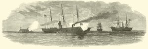 Konföderierte Rammen im Gefecht mit der Blockadeflotte vor Charleston, Januar 1863 von American School