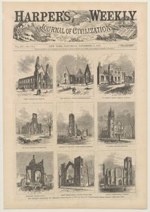 Titelblatt von Harpers Weekly mit Szenen der zerstörten Kirchen von Chicago, 11. November 1871