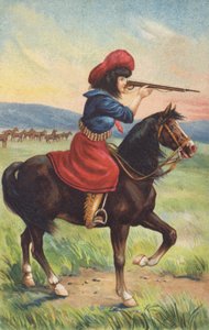 Cowgirl auf Pferd zielt mit einem Gewehr von American School