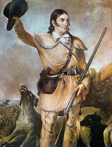 David (Davy) Crockett (1786-1836) mit seinen Jagdhunden im Jahr 1836 von American School