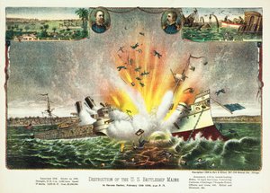 Zerstörung des US-Kriegsschiffs Maine im Hafen von Havanna am 15. Februar 1898, veröffentlicht 1898 von American School