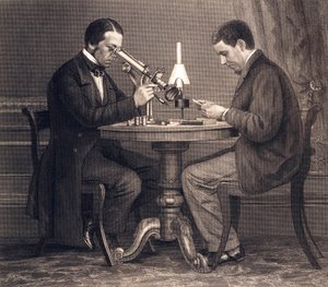 Frühe Wissenschaftler beim Mikroskopieren von American School