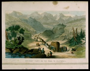 Auswanderergruppe auf dem Weg nach Kalifornien im Jahr 1596, Illustration aus California, its past history, its present position, its future prospects von G.A. Fleming, 1850 von American School