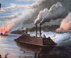 Bundes-Panzerschiff auf dem Mississippi bombardiert feindliches Gebiet