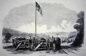 Bundes-Sandsackbatterie zum Schutz der Eisenbahn während des amerikanischen Bürgerkriegs (1861-65) von American School