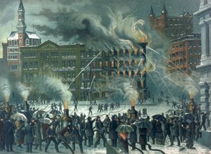 Feuer im New York World Building, gewidmet unseren tapferen Feuerwehrleuten, veröffentlicht von W.M. Bruns, 1882 von American School