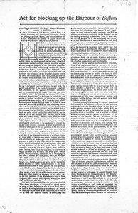 Erste Seite eines Flugblatts, das das Gesetz zur Blockierung des Hafens von Boston umreißt, 1774