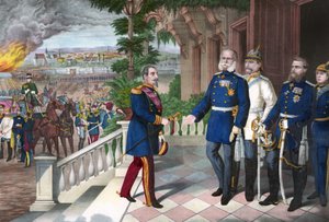 Deutsch-Französischer Krieg 1870-1871: Die Kapitulation von Napoleon III nach der Schlacht von Sedan, 2. September 1870. Farbliniengravur, amerikanisch, ca. 1871 - Krieg von 1870: Napoleon III (1808-1873) Gefangener nach der Schlacht von Sedan trifft Wilhe
