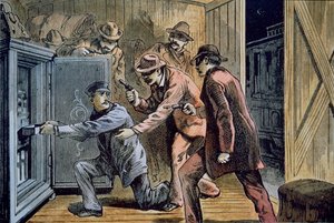 Frank und Jesse James Gang überfallen den Expresswagen eines Zuges im Jahr 1879
