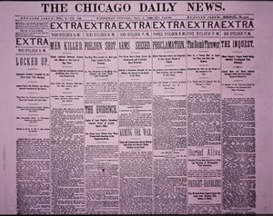 Titelseite der Chicago Daily News berichtet über den Chicago Haymarket-Arbeiteraufstand, 5. Mai 1886 von American School