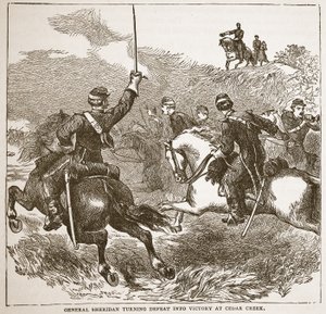 General Sheridan verwandelt Niederlage in Sieg bei Cedar Creek, aus einem Buch veröffentlicht 1896 von American School