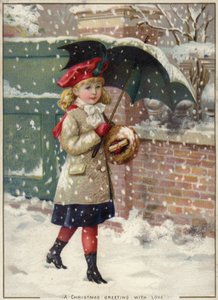 Mädchen mit Regenschirm im Schneeschauer