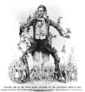 Gulliver Abe im Weißen Haus, angegriffen von den Lilliputanischen Amtssuchern, aus Frank Leslies Budget of Fun, 15. März 1861