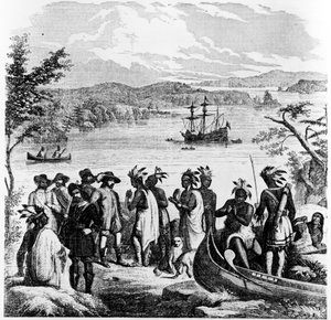 Henry Hudson fährt den Hudson River hinunter, Illustration aus Ballou