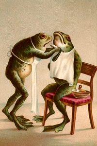 Humorvolle Illustration eines Frosches, der rasiert wird von American School